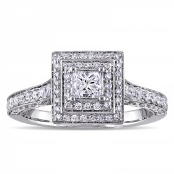 1-1/4ct TDW Princess and Round Diamond Square Double Halo Engagement Ring in White Gold by The Signature Collection - Handcrafted By Name My Rings™