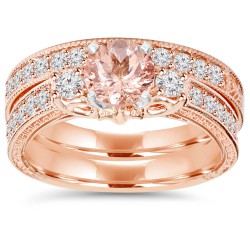 Rose Gold 2 CT TW Vintage Diamond & Morganite Engagement Wedding Ring Set - Handcrafted By Name My Rings™