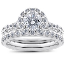 White Gold 1 1/2 ct TDW Halo Diamond Engagement Ring Wedding Band Set - Handcrafted By Name My Rings™