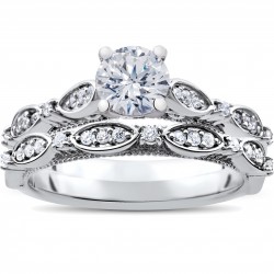 White Gold 1 ct TDW Vintage Diamond Engagement Antique Wedding Matching Ring Set - Handcrafted By Name My Rings™