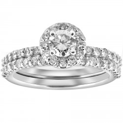 White Gold 1 cttw Diamond Round Halo Engagement Wedding Ring Set - Handcrafted By Name My Rings™