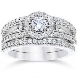 White Gold 1ct TDW Vintage Halo Diamond Engagement Wedding Ring Set - Handcrafted By Name My Rings™