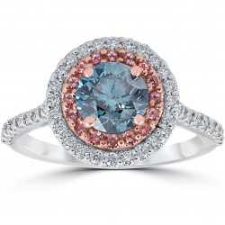 White & Rose Gold 1 5/8 ct TDW Blue & White Diamond Pink Topaz Double Halo Engagement Ring - Handcrafted By Name My Rings™