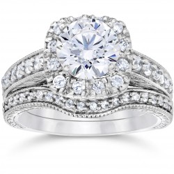 White Gold 1 3/4ct Clarity Enhanced Cushion-cut Diamond Halo Vintage Bridal Set - Handcrafted By Name My Rings™