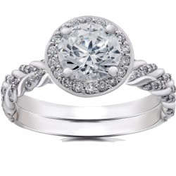White Gold 1 ct Lab Grown Diamond Vintage Braided Halo Engagement Ring & Matching Band - Handcrafted By Name My Rings™
