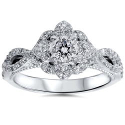 White Gold 1ct TDW Floral Halo Diamond Sapphire Accent Engagement Ring - Handcrafted By Name My Rings™