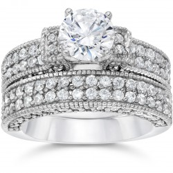 White Gold 2 3/4 ct TDW Cathedral Pave Diamond Engagemnt Ring And Matching Wedding Band Set - Handcrafted By Name My Rings™