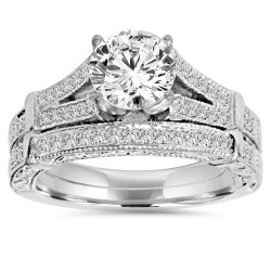 White Gold 2 ct TDW Clarity Enhanced Diamond Vintage Engagement Wedding Ring Set - Handcrafted By Name My Rings™