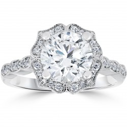 White Gold 2 ct TDW Diamond Clarity Enhanced Halo Engagement Ring Vintage Milgrain Accents - Handcrafted By Name My Rings™