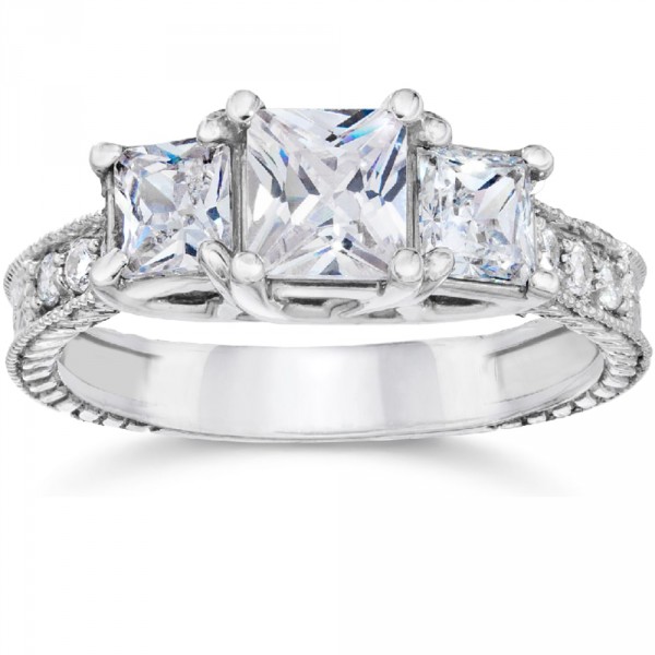 White Gold 2 ct TDW Vintage Three Stone Princess Cut Diamond Engagement Ring - Handcrafted By Name My Rings™