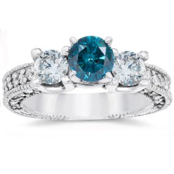 White Gold 2ct TDW Vintage Blue Diamond Engagement 3-Stone Ring - Handcrafted By Name My Rings™