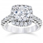 White Gold 3 1/4ct TDW Cushion Halo Round Clarity Enhanced Diamond Engagement Ring - Handcrafted By Name My Rings™