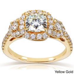 Gold 1 7/8ct TGW Cushion-cut Moissanite and Diamond 3-Stone Halo Engagement Ring - Handcrafted By Name My Rings™