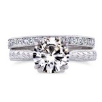 Gold 1ct Round Moissanite and 1/3ct TDW Diamond Cathedral Bridal Set - Handcrafted By Name My Rings™