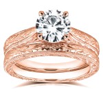 Rose Gold 1 1/2ct TGW Moissanite and Diamond Antique Cathedral Bridal Rings S - Handcrafted By Name My Rings™