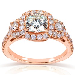Rose Gold 1 7/8ct TGW Forever One DEF Cushion Moissanite and Diamond 3-Stone Halo Engagement Ring - Handcrafted By Name My Rings™