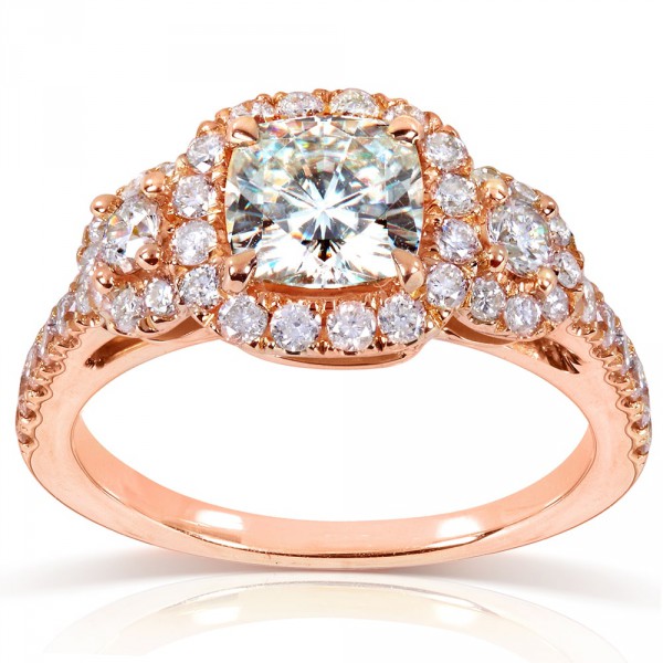 Rose Gold 1 7/8ct TGW Forever One DEF Cushion Moissanite and Diamond 3-Stone Halo Engagement Ring - Handcrafted By Name My Rings™