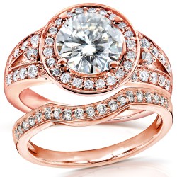 Rose Gold 2ct TCW Round Moissanite and Diamond Halo Bridal Ring 2-Piece Set - Handcrafted By Name My Rings™