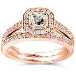Rose Gold 5/8ct TDW Asscher Diamond Halo Bridal Set - Handcrafted By Name My Rings™