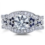 White Gold 1 1/2ct TDW Diamond and Blue Sapphire Vintage Floral 3-Piece Bridal Set - Handcrafted By Name My Rings™