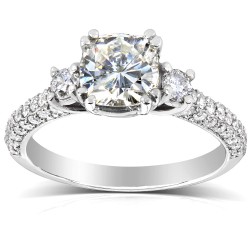 White Gold 1 1/2ct TGW Forever One DEF Cushion Moissanite and Diamond 3 Stone Micro Pave Engagement Ring - Handcrafted By Name My Rings™