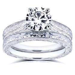 White Gold 1 1/2ct TGW Moissanite and Diamond Antique Cathedral Bridal Rings - Handcrafted By Name My Rings™