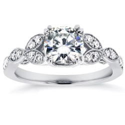 White Gold 1 1/3ct TGW Cushion-cut Moissanite and Diamond Vintage Floral Engagement Ring - Handcrafted By Name My Rings™