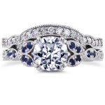 White Gold 1 1/4ct TDW Diamond and Blue Sapphire Vintage Floral Bridal Set - Handcrafted By Name My Rings™