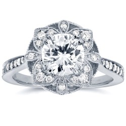 White Gold 1 1/4ct TGW Round Moissanite and Diamond Vintage Floral Engagement Ring - Handcrafted By Name My Rings™