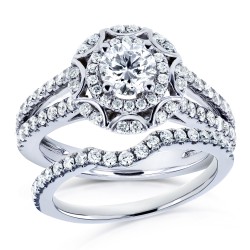 White Gold 1 1/5ct TDW Round Diamond Floral 2-piece Bridal Rings Set - Handcrafted By Name My Rings™