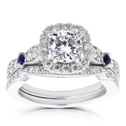 White Gold 1 1/6ct Brilliant Moissanite/ Sapphire/ 3/5ct TDW Diamond Halo Ant - Handcrafted By Name My Rings™