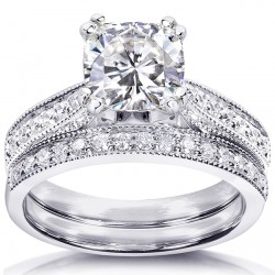 White Gold 1 2/5ct TGW Cushion Forever One DEF Moissanite and Diamond Antique Bridal Set - Handcrafted By Name My Rings™