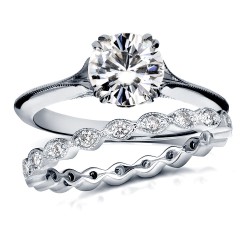 White Gold 1 2/5ct TGW Moissanite and Diamond Floral Vintage 2-Piece Bridal Rings Set - Handcrafted By Name My Rings™