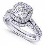 White Gold 1 3/5ct TGW Forever Brilliant Moissanite and Diamond Halo Bridal Ring Set - Handcrafted By Name My Rings™