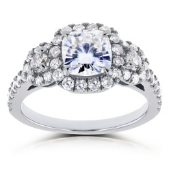 White Gold 1 7/8ct TCW Forever One Near Colorless Moissanite and Diamond 3-stone Halo Ring - Handcrafted By Name My Rings™