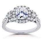 White Gold 1 7/8ct TCW Forever One Near Colorless Moissanite and Diamond 3-stone Halo Ring - Handcrafted By Name My Rings™