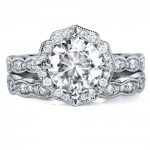 White Gold 1 7/8ct TGW Round-cut Moissanite and Diamond Floral Antique Bridal Rings Set - Handcrafted By Name My Rings™