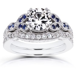 White Gold 1ct Forever Brilliant Moissanite Blue Sapphire and 1/4ct TDW Diamond Bridal Set - Handcrafted By Name My Rings™