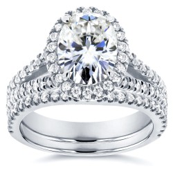 White Gold 2 1/5ct TGW Moissanite and Diamond Oval Halo Split Shank Bridal Rings Set - Handcrafted By Name My Rings™