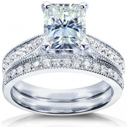White Gold 2 1/8ct TGW Radiant-cut Forever Brilliant Moissanite and Diamond Vintage Bridal Set - Handcrafted By Name My Rings™