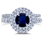 White Gold 2 5/8ct TGW Round Sapphire and Diamond Double Halo Vintage Bridal Set - Handcrafted By Name My Rings™