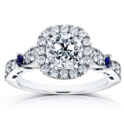 White Gold Blue Sapphire and 1 1/2ct TDW Diamond Halo Antique Engagement Ring - Handcrafted By Name My Rings™