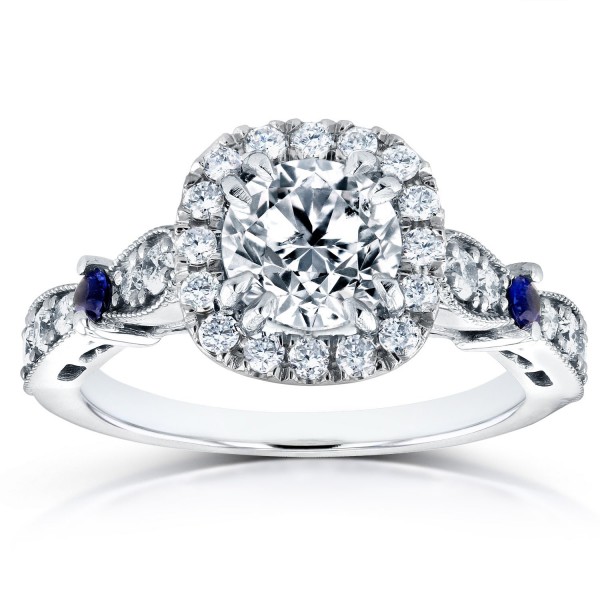 White Gold Blue Sapphire and 1 1/2ct TDW Diamond Halo Antique Engagement Ring - Handcrafted By Name My Rings™