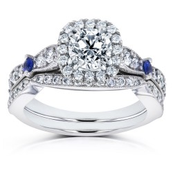 White Gold Blue Sapphire and 1 5/8ct TDW Diamond Halo Antique Two Piece Bridal Set - Handcrafted By Name My Rings™