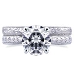 White Gold Forever Brilliant 1 1/2ct TGW Moissanite and Diamond Antique Cathedral Bridal Rings Set - Handcrafted By Name My Rings™