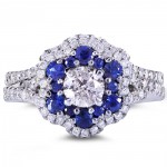 White Gold Round Blue Sapphire and 1 1/10ct TDW Floral Diamond Bridal Set - Handcrafted By Name My Rings™