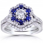 White Gold Round Blue Sapphire and 1 1/10ct TDW Floral Diamond Bridal Set - Handcrafted By Name My Rings™