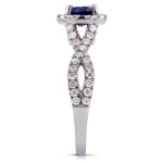 White Gold Round Sapphire and 1/2ct TDW Halo Diamond Criss Cross Ring - Handcrafted By Name My Rings™