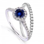 White Gold Round-cut Sapphire and 1/2ct TDW Diamond Halo Bridal Set - Handcrafted By Name My Rings™