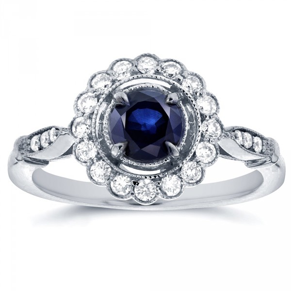 White Gold Round-cut Sapphire and 1/4ct TDW Diamond Art Deco Flower Engagemen - Handcrafted By Name My Rings™